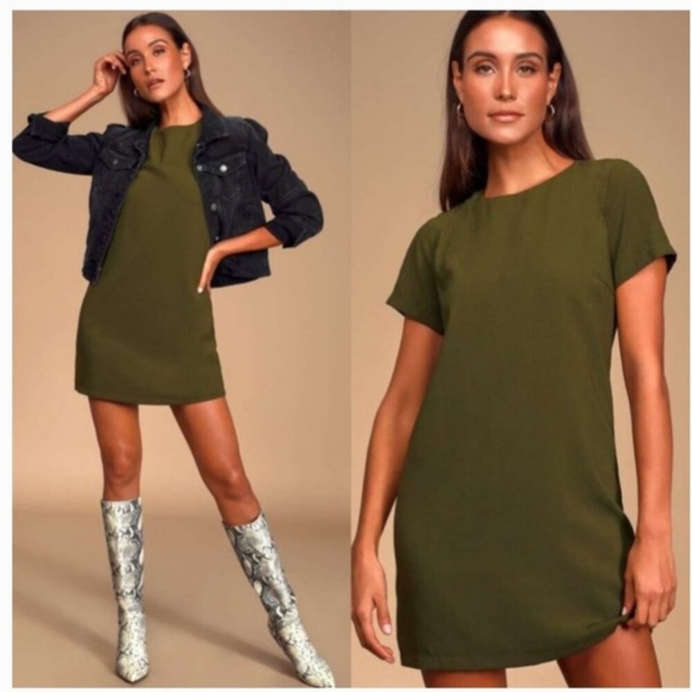 Lulus "Shift and Shout" Olive Green Shift Dress S Mod 60's Minimalist Date Night